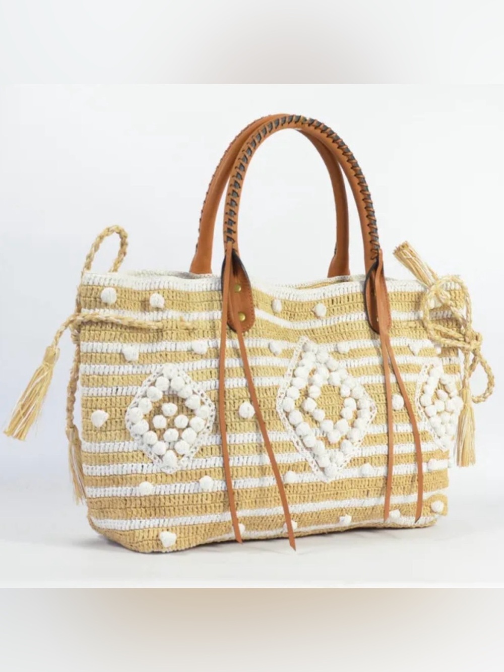 NWT GERARD DAREL 24 GD Raphia White Crochet Tote Bag with Leather Handles $495 - Picture 5 of 10